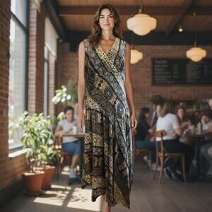 Rabbit Rabbit Rabbit Dress Midi Browns Aztec Sleeveless Sheer Lined Boho SZ 16